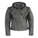 Women's Silver Distressed Leather Hooded Biker Jacket
