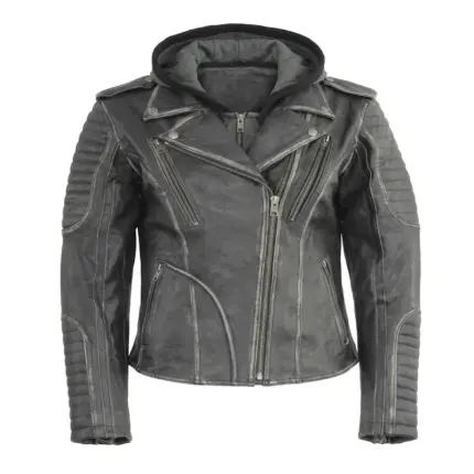 Women's Silver Distressed Leather Hooded Biker Jacket