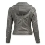 Silver Gray Leather Detachable Hooded Biker Jacket