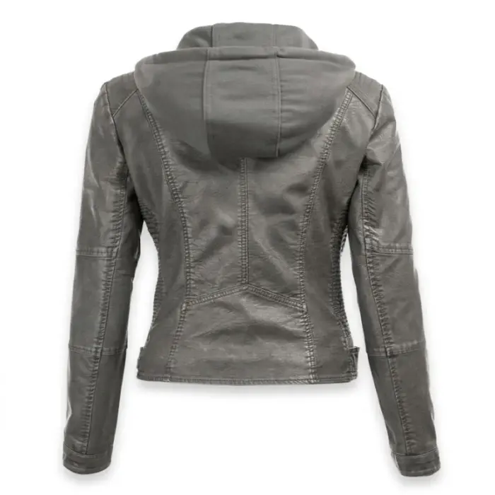 Silver Gray Leather Detachable Hooded Biker Jacket