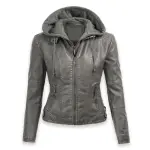 Women's Silver Gray Leather Detachable Hooded Biker Jacket