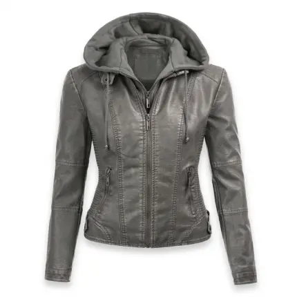 Women's Silver Gray Leather Detachable Hooded Biker Jacket