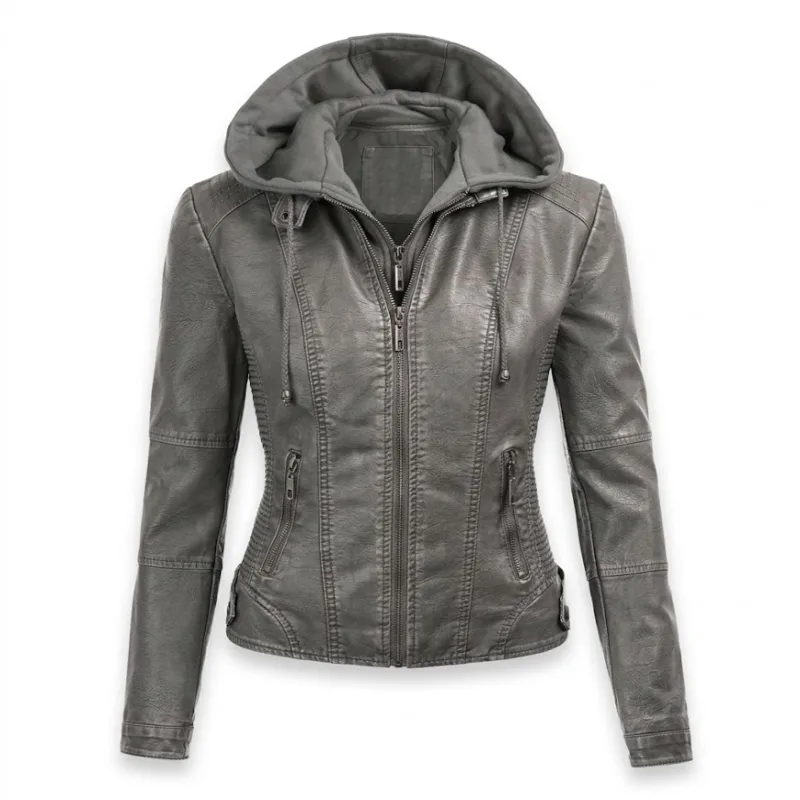 Silver Gray Leather Detachable Hooded Biker Jacket Women'S Silver Gray Leather Detachable Hooded Biker Jacket