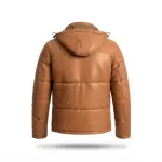 Tan Leather Hooded Zip-Up Puffer Jacket