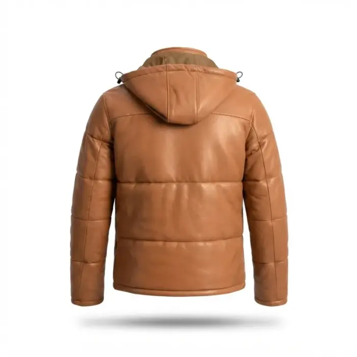 Tan Leather Hooded Zip-Up Puffer Jacket