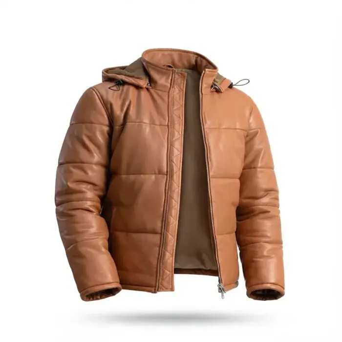 Tan Leather Hooded Zip-Up Puffer Jacket