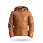 Men's Tan Leather Hooded Zip-Up Puffer Jacket