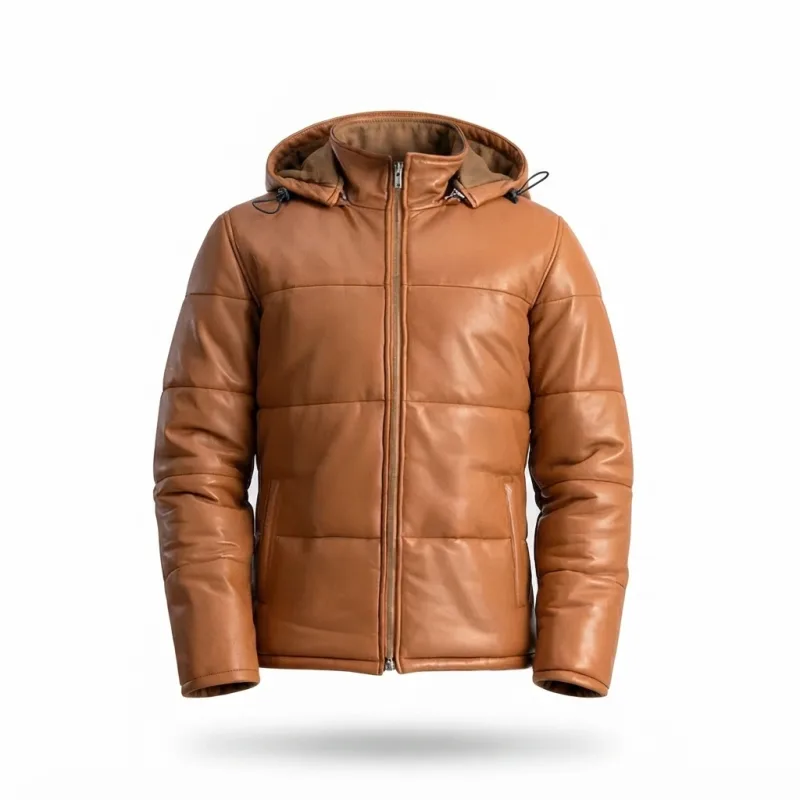 Tan Leather Hooded Zip-Up Puffer Jacket Men'S Tan Leather Hooded Zip-Up Puffer Jacket