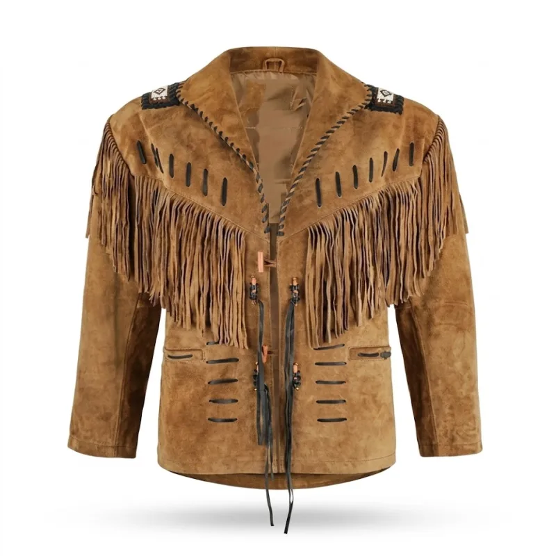 Tan Real Leather Fringes And Beads Jacket Men'S Tan Real Leather Fringes And Beads Jacket