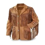 Men's Tan Suede Leather Fringed Trucker Jacket