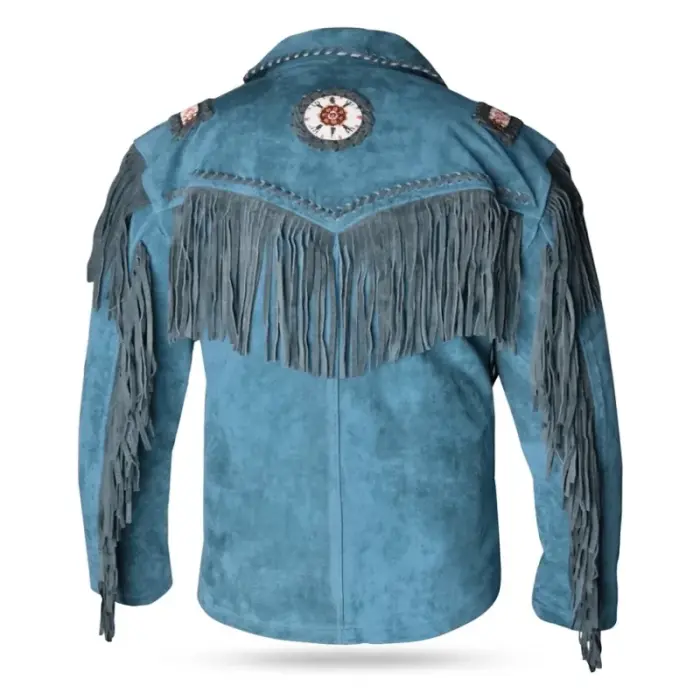 Teal Blue Suede Leather Fringe Jacket