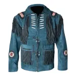 Men's Teal Blue Suede Leather Fringe Jacket