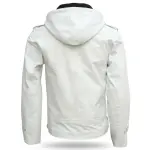 White Hooded Biker Leather Jacket with Buckle Straps