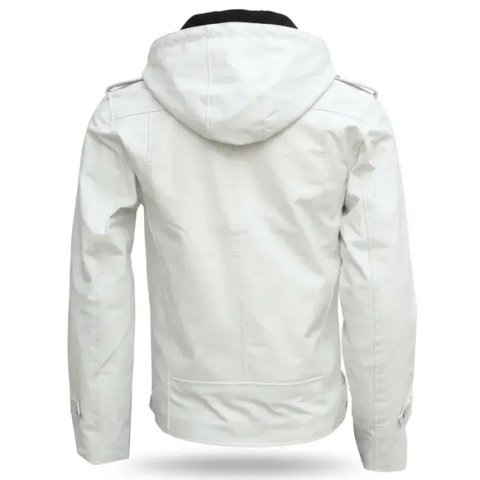 White Hooded Biker Leather Jacket With Buckle Straps