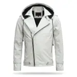 Men's White Hooded Biker Leather Jacket